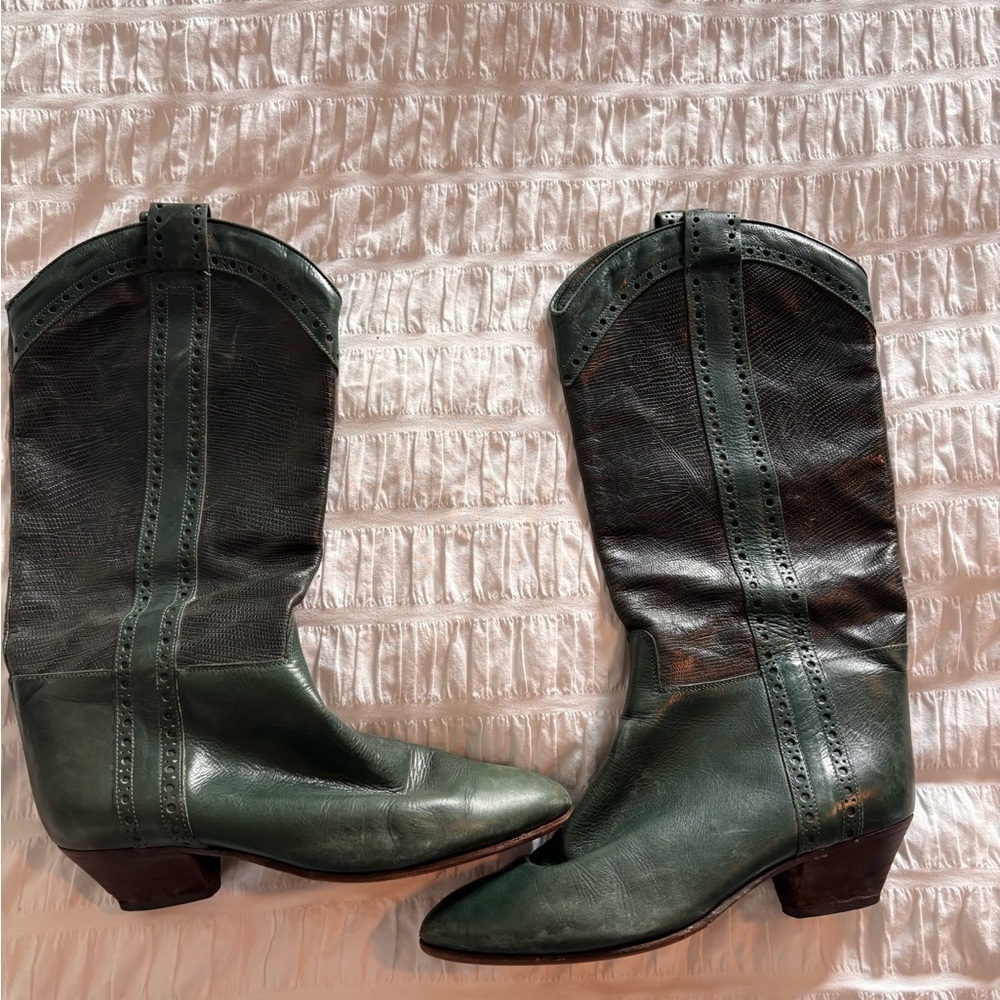 Vintage Green Leather Women's Tilbury23 Rue du Four Paris Cowboy Boots - Picture 6 of 8